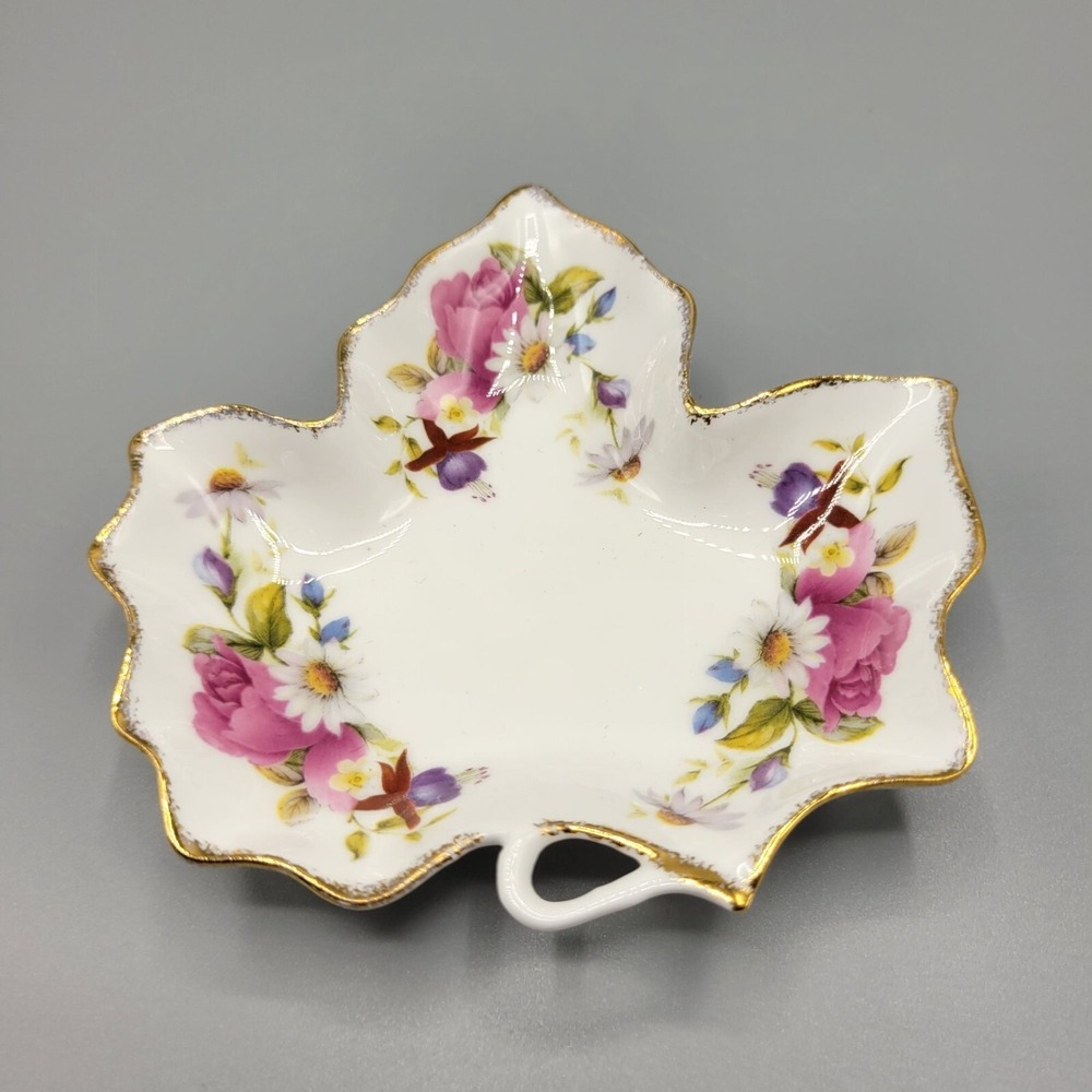 Vintage Flambro Fine Bone China Leaf Dish "Summer Rose" Floral Design Gold Trim